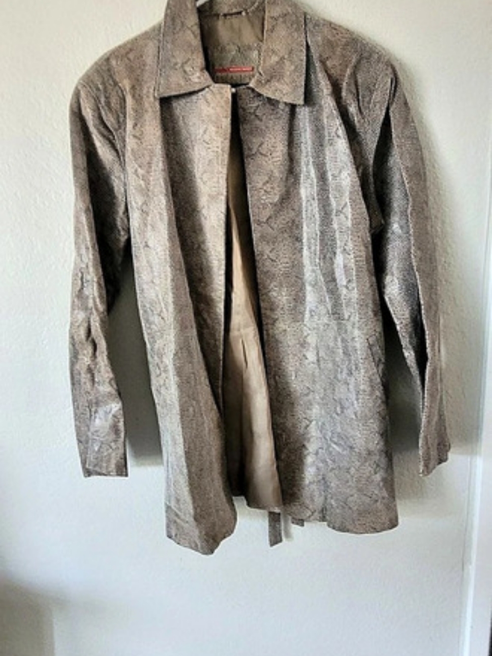 Brandon Thomas Genuine Leather Snakeskin Print Belted Jacket Coat Leather Trench